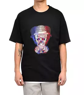 Black Fedora Skull Graphic Short Sleeved T-Shirts Mens Loose Fit Tees