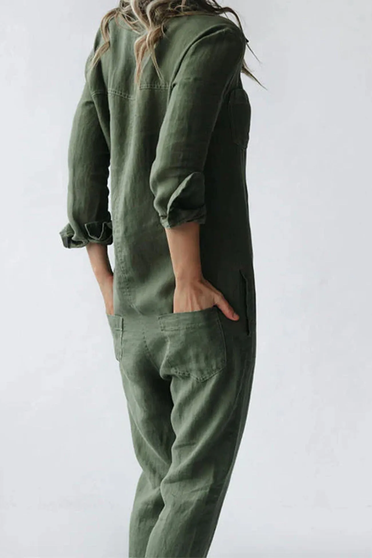 Button Lapel Pocket Long Sleeve Jumpsuits