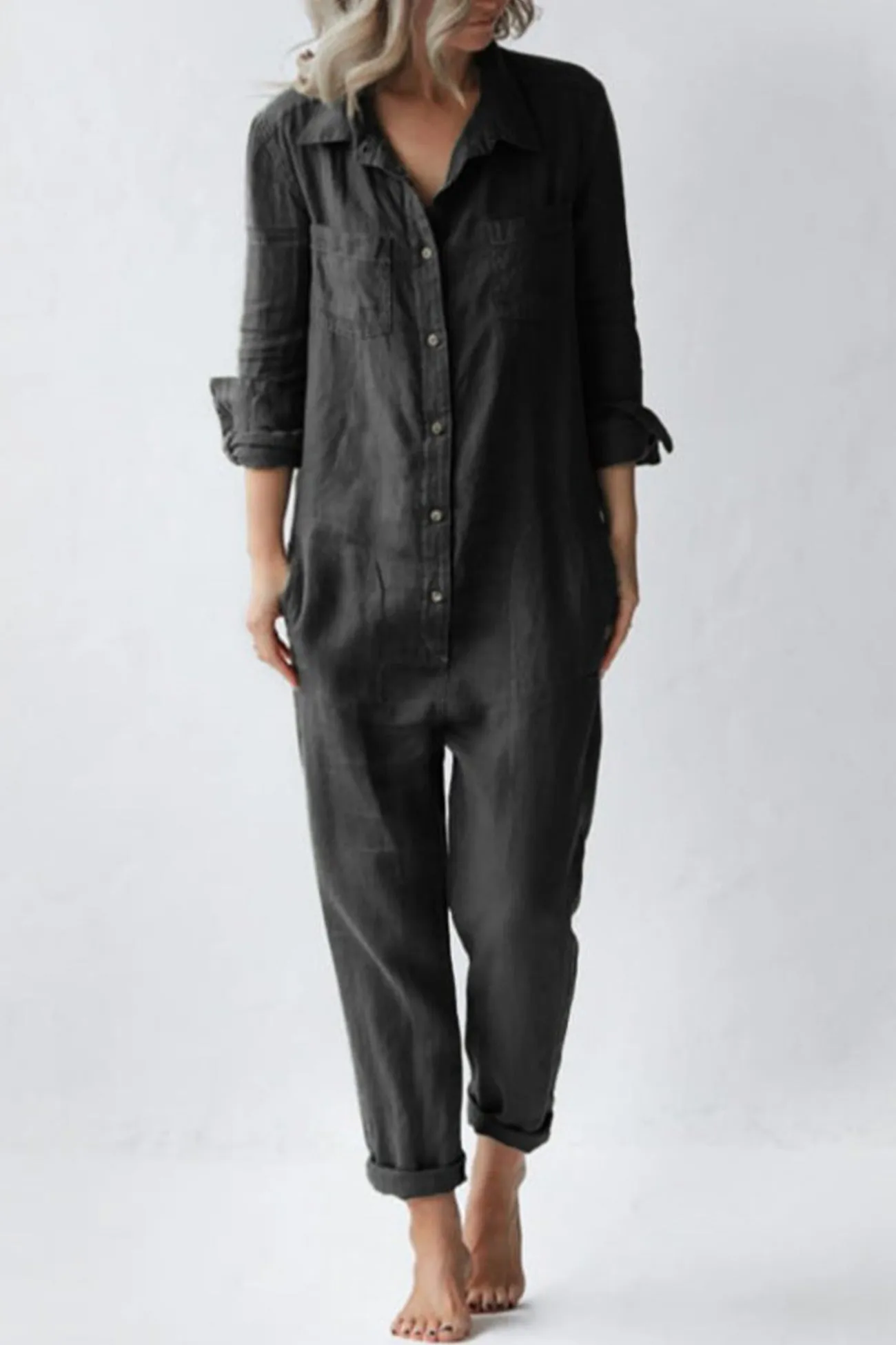 Button Lapel Pocket Long Sleeve Jumpsuits