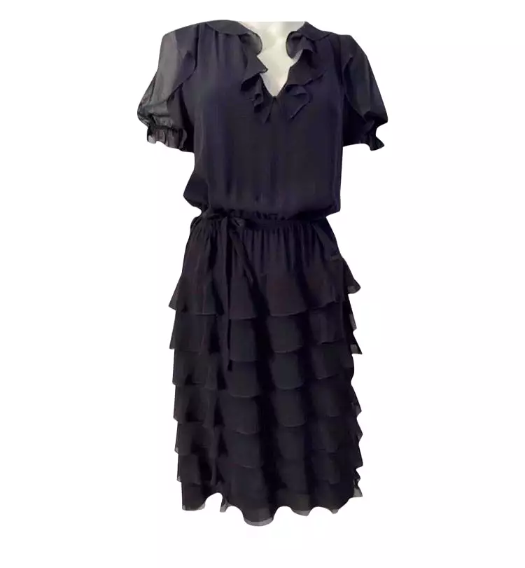 Chanel 01P 2001 Spring Navy Blue Silk Chiffon Ruffle short sleeve dress FR 38 US 4