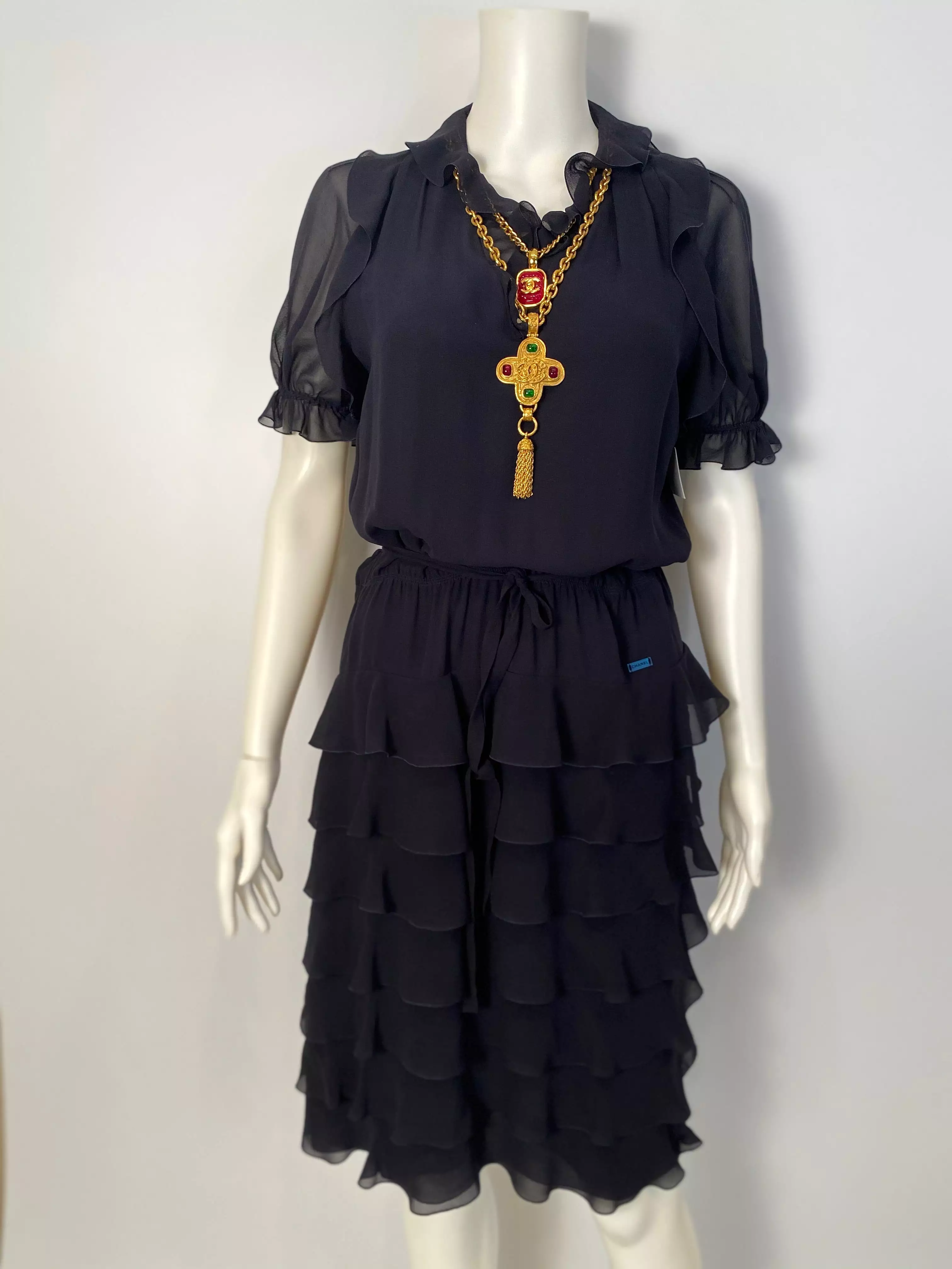 Chanel 01P 2001 Spring Navy Blue Silk Chiffon Ruffle short sleeve dress FR 38 US 4