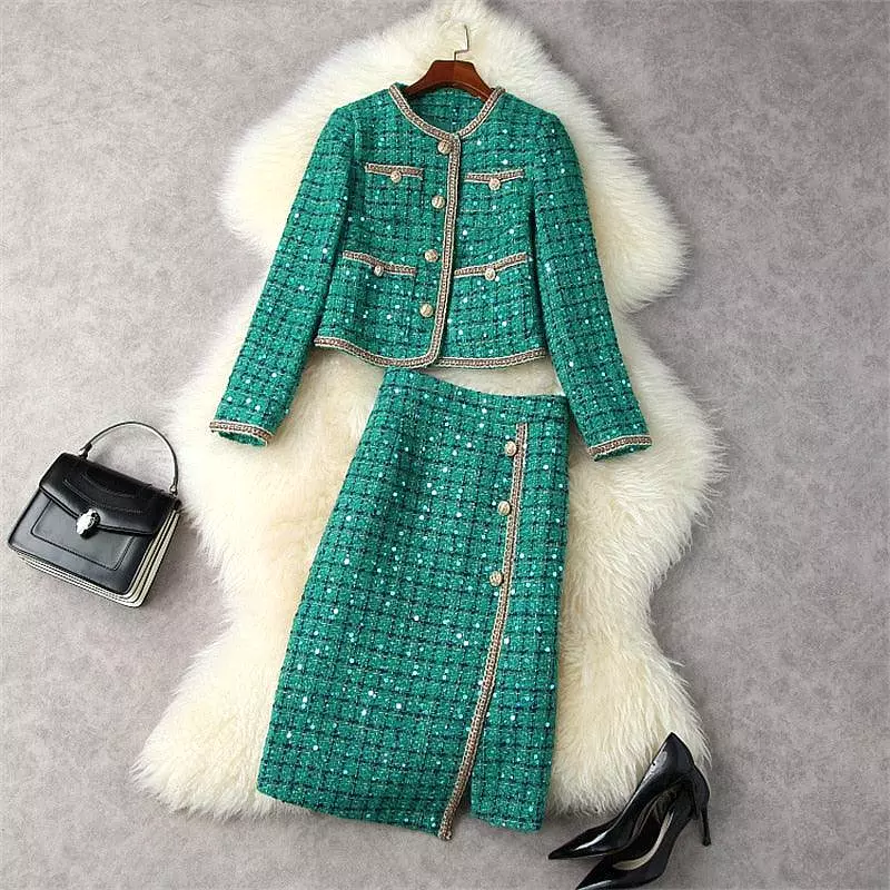 Checked Sequined Tweed Skirt Suit