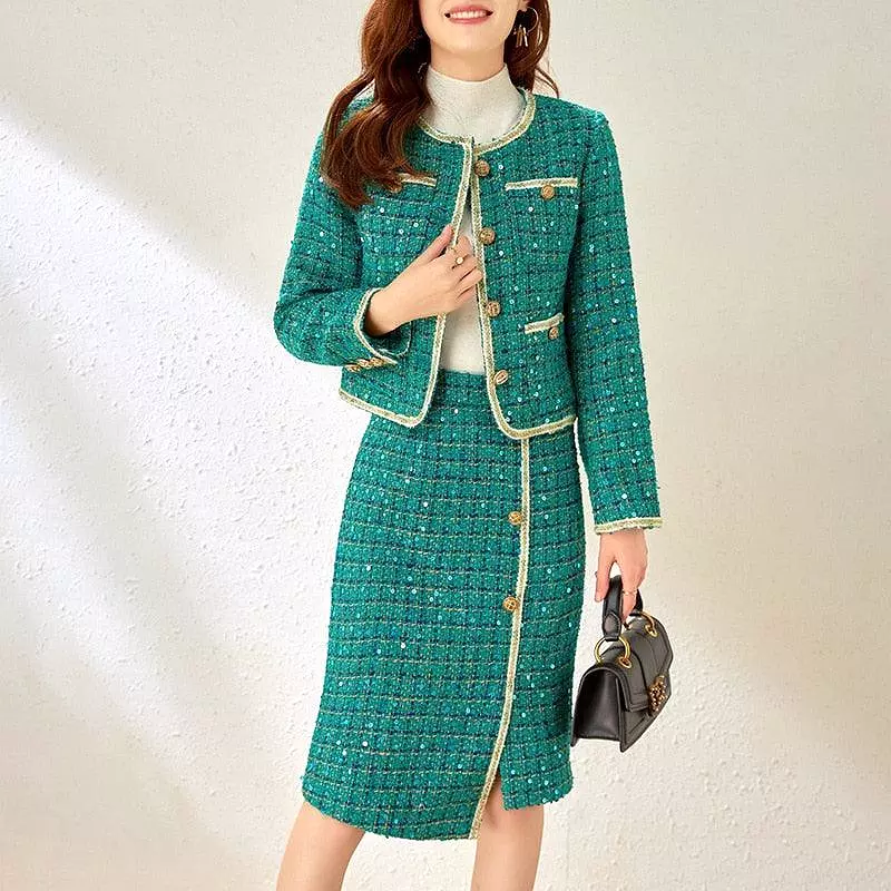 Checked Sequined Tweed Skirt Suit