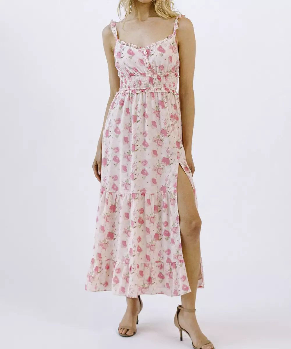 Floral Print Sleeveless Dress with Slit - Pink Floral