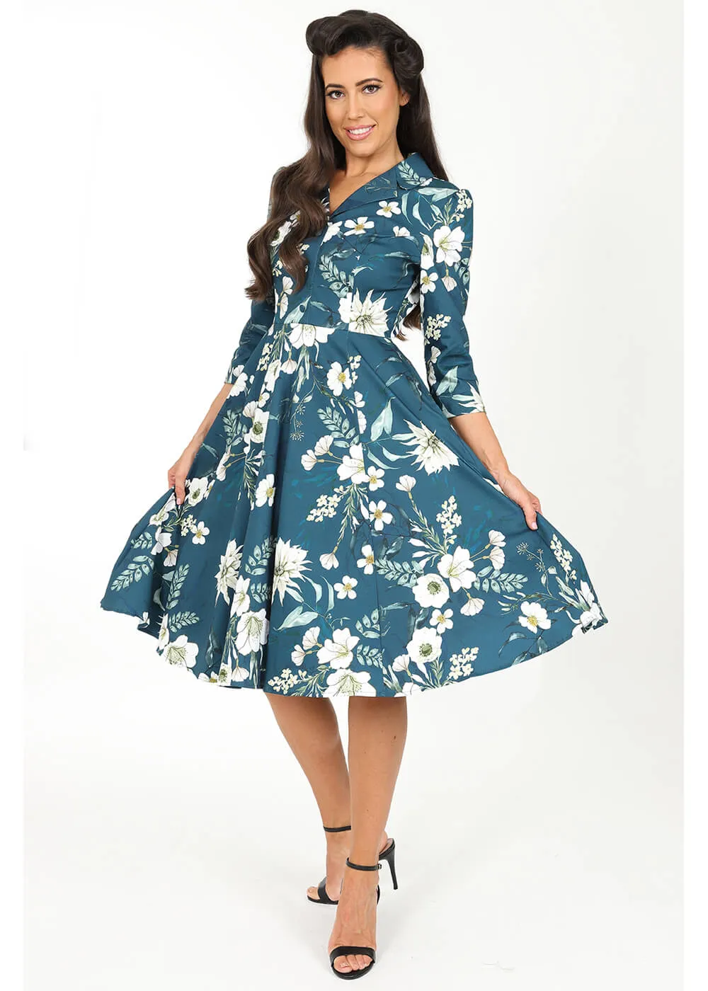 Hearts & Roses Petal Floral 50's Swing Dress Blue