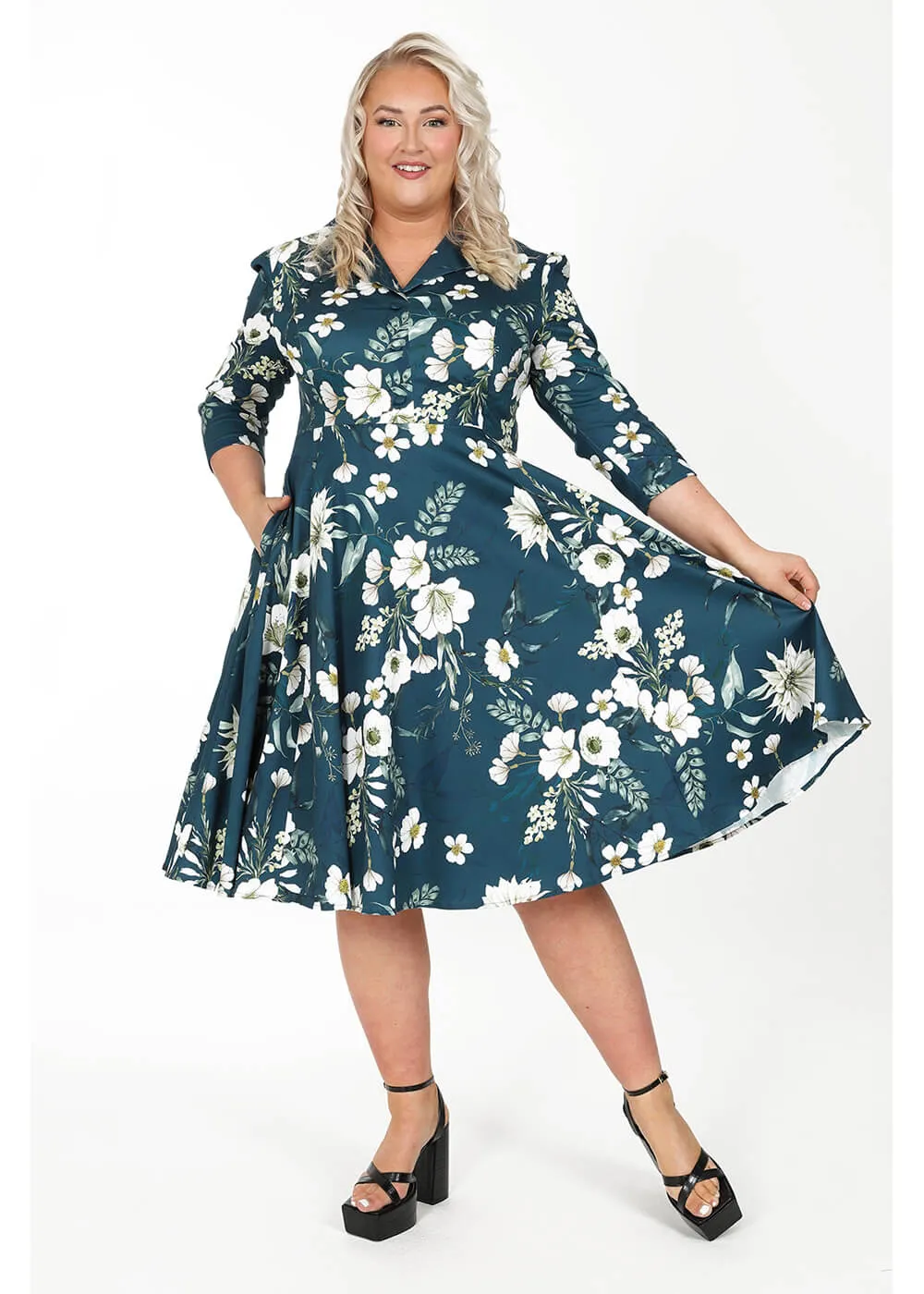 Hearts & Roses Petal Floral 50's Swing Dress Blue