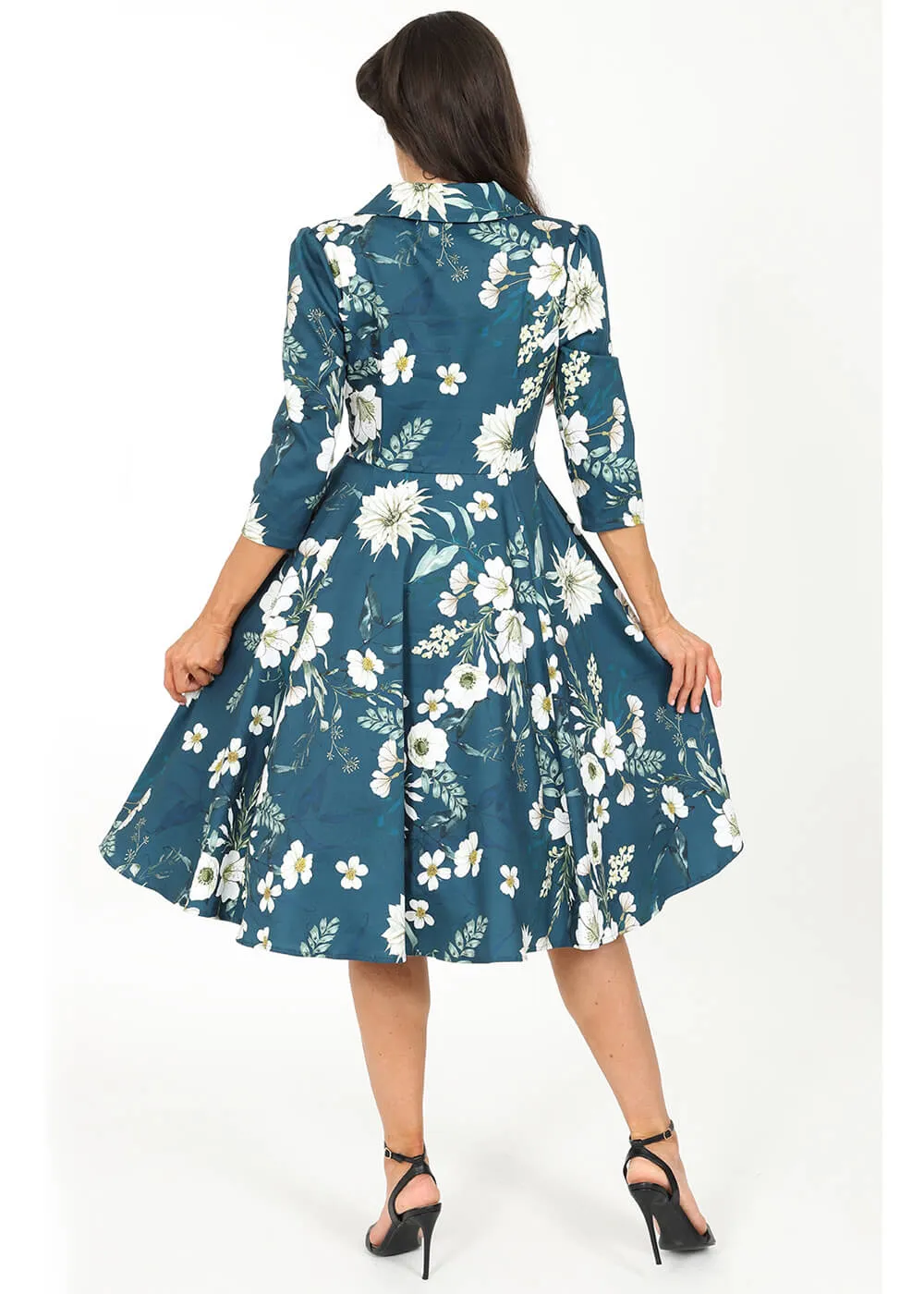 Hearts & Roses Petal Floral 50's Swing Dress Blue