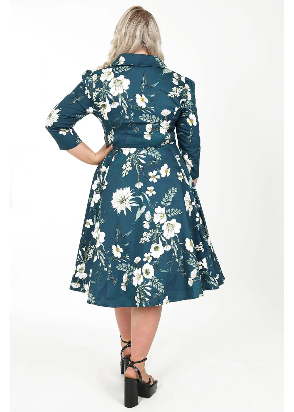 Hearts & Roses Petal Floral 50's Swing Dress Blue