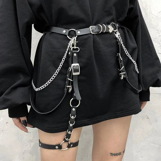 Leather Rock Nightclub Sexy Dress Heart Punk Belt With Metal Waist Chain