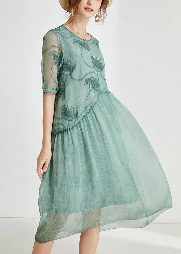 Loose Green Embroidered Patchwork Chiffon Dresses Summer AB1026