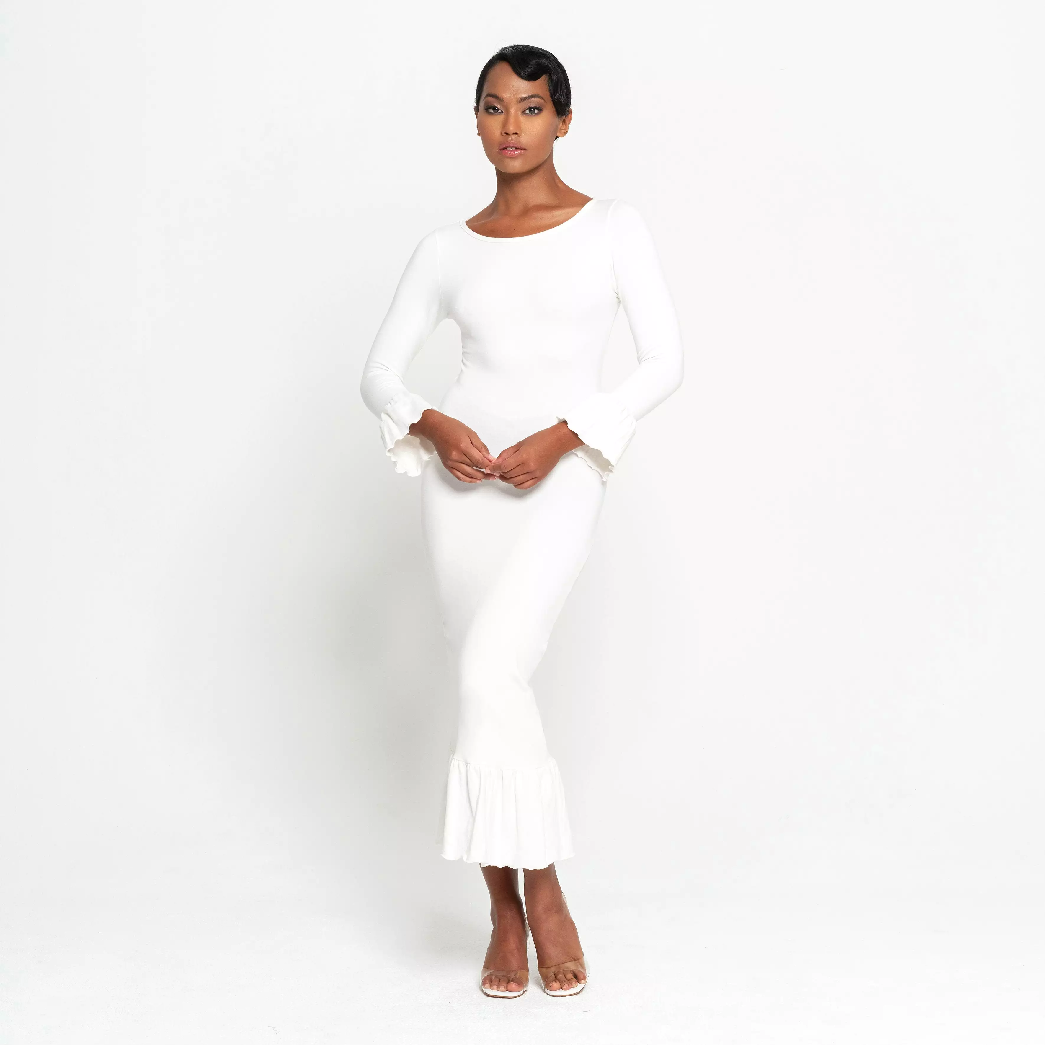 MARJORIE Bamboo Ruffle Dress, in Off-White