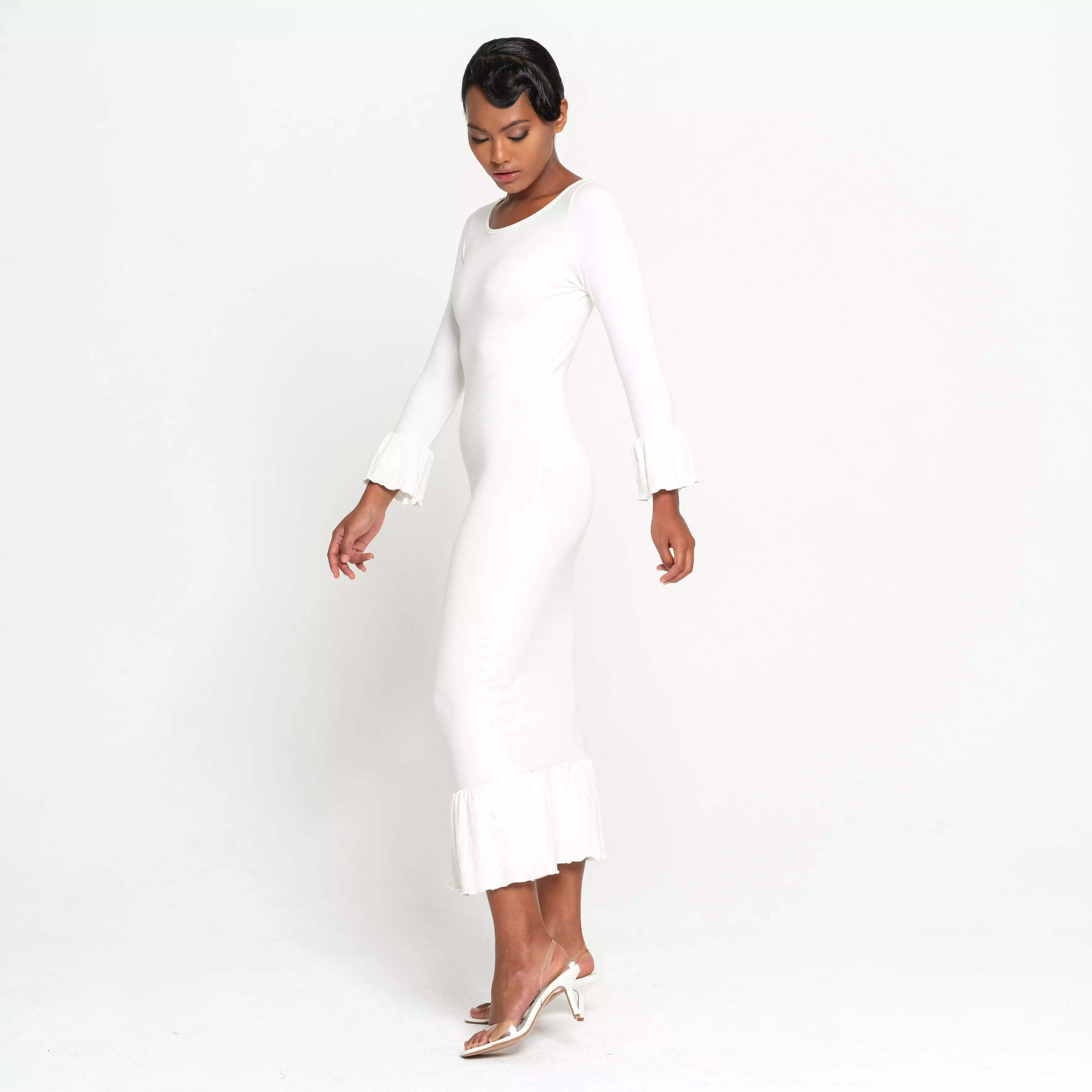 MARJORIE Bamboo Ruffle Dress, in Off-White