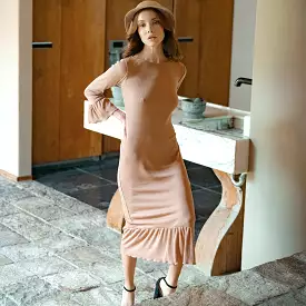 MARJORIE Ruffle Dress, in Camel Brown