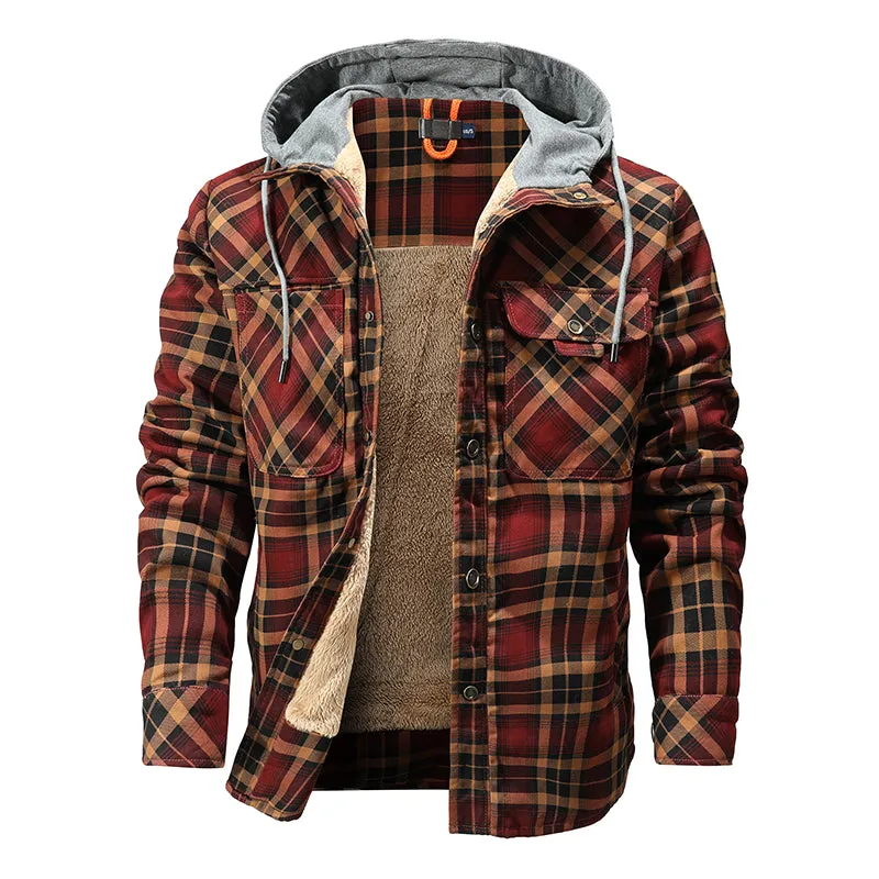 Men Warm Jacket Fleece Lining Lumberjack Plaid Hooded Jackets