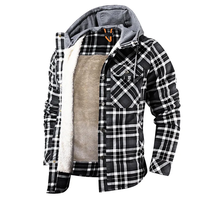 Men Warm Jacket Fleece Lining Lumberjack Plaid Hooded Jackets