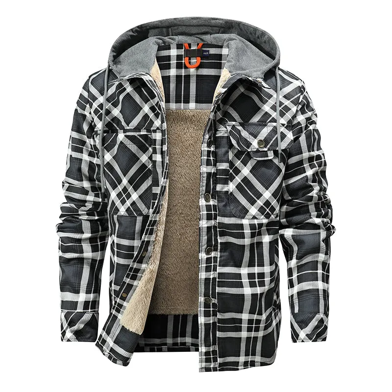 Men Warm Jacket Fleece Lining Lumberjack Plaid Hooded Jackets