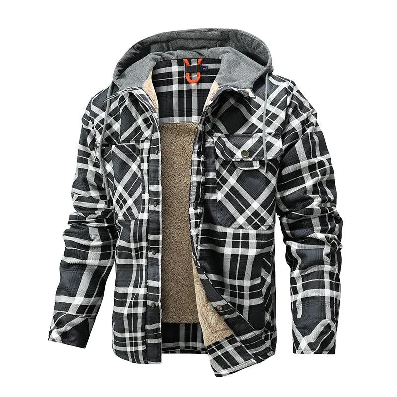 Men Warm Jacket Fleece Lining Lumberjack Plaid Hooded Jackets