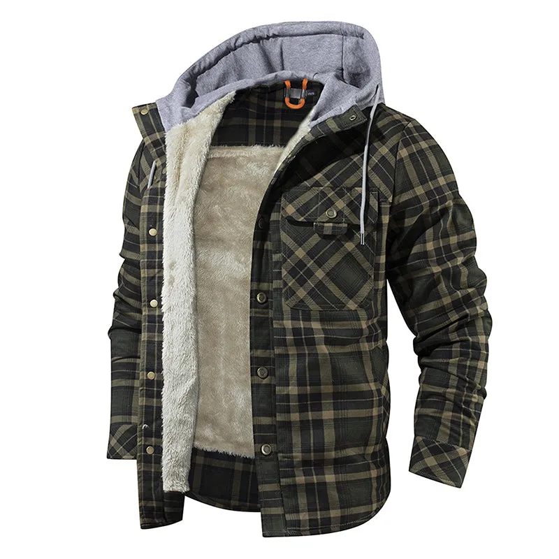 Men Warm Jacket Fleece Lining Lumberjack Plaid Hooded Jackets