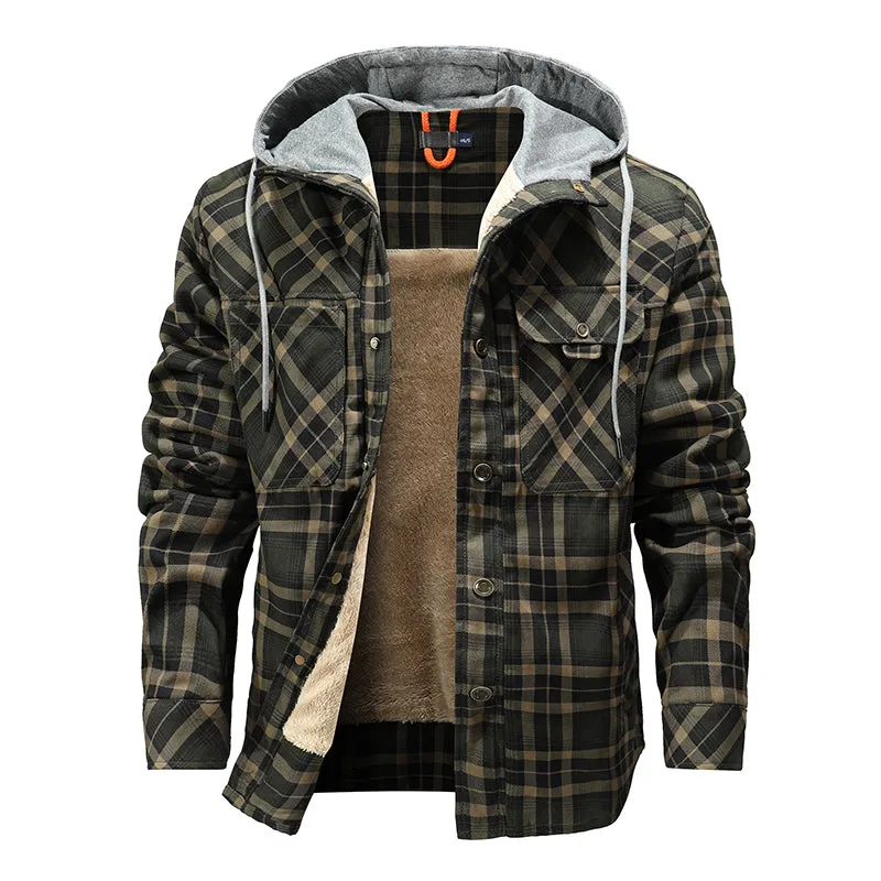 Men Warm Jacket Fleece Lining Lumberjack Plaid Hooded Jackets