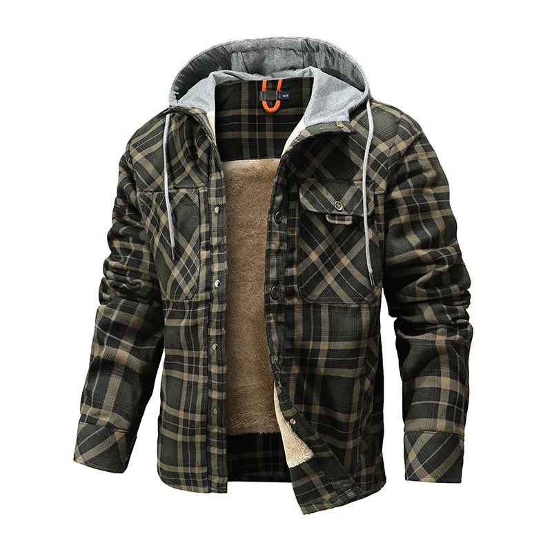 Men Warm Jacket Fleece Lining Lumberjack Plaid Hooded Jackets