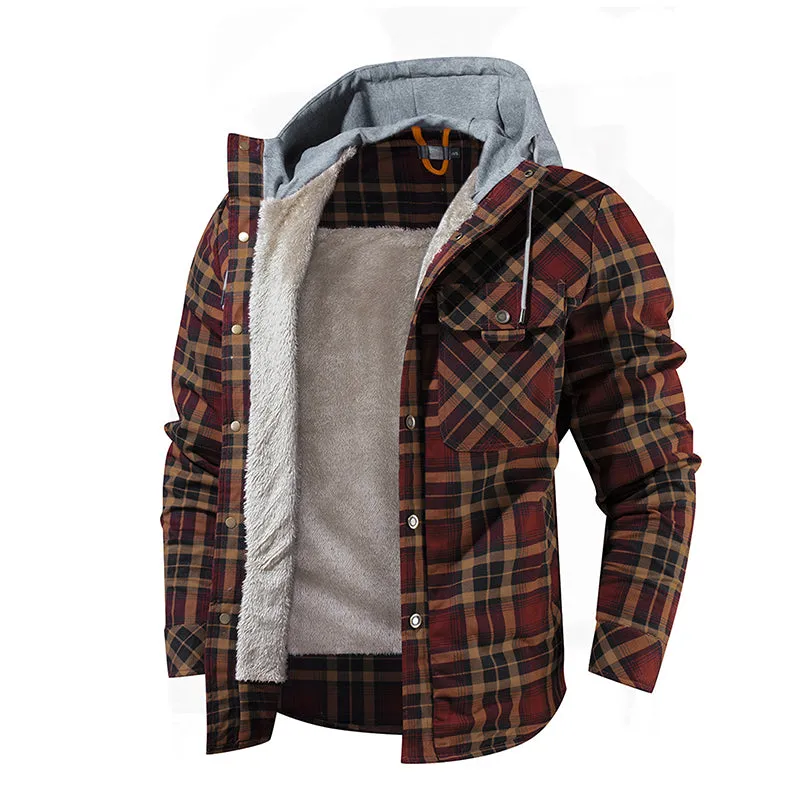 Men Warm Jacket Fleece Lining Lumberjack Plaid Hooded Jackets