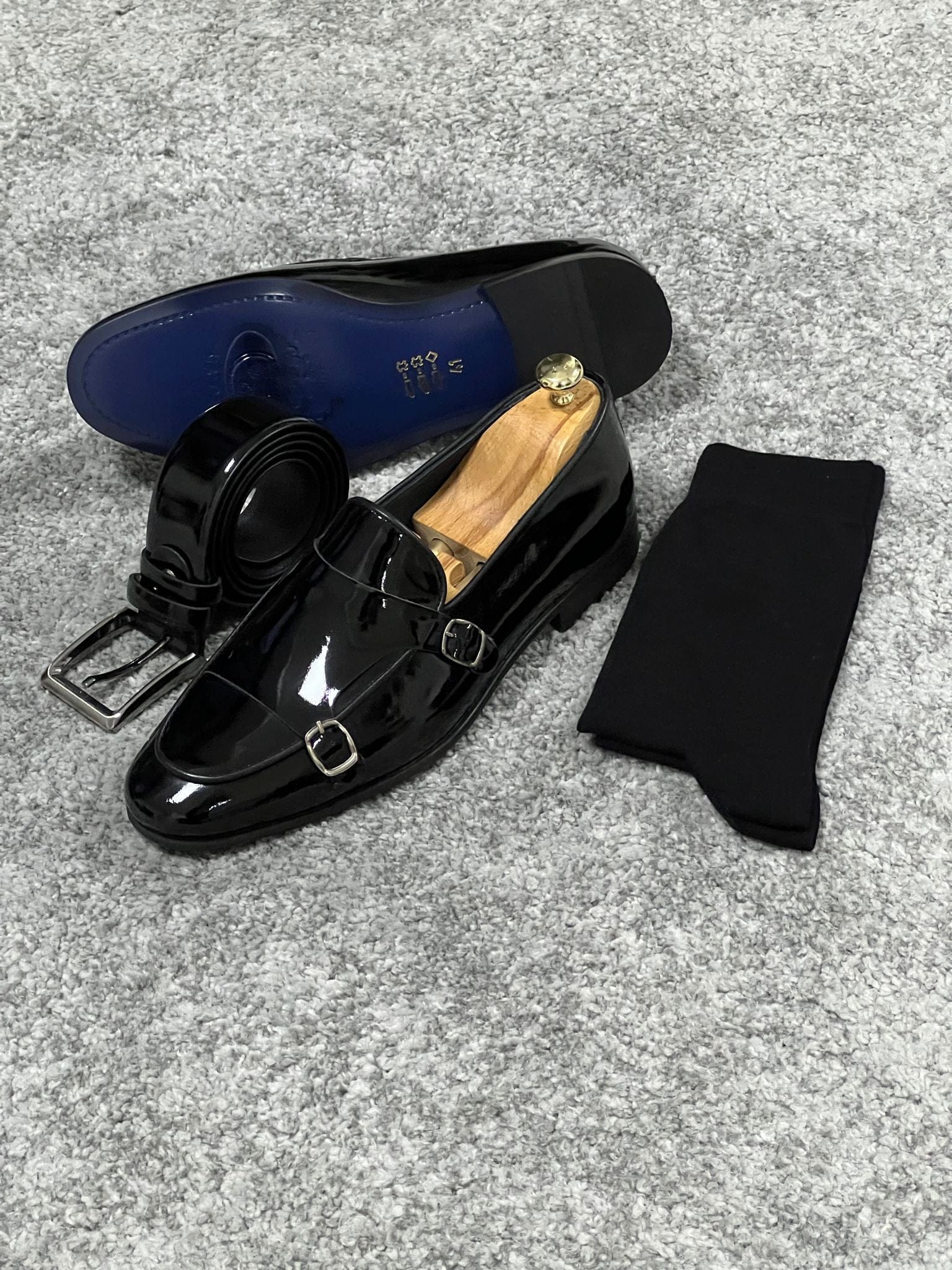 Neo Lite Sole Double Monk Strap Patent Leather Black Shoes