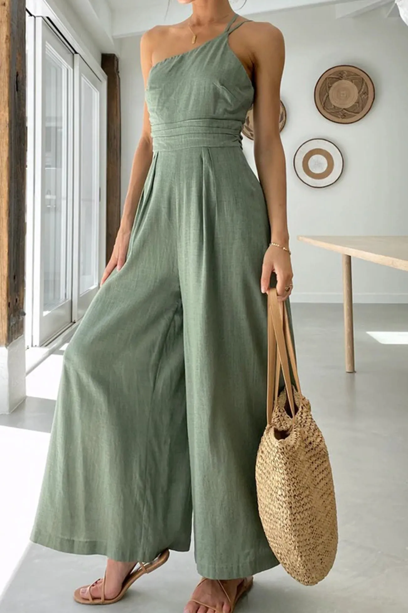 One Shoulder Solid Color Wide Leg Jumpsuits