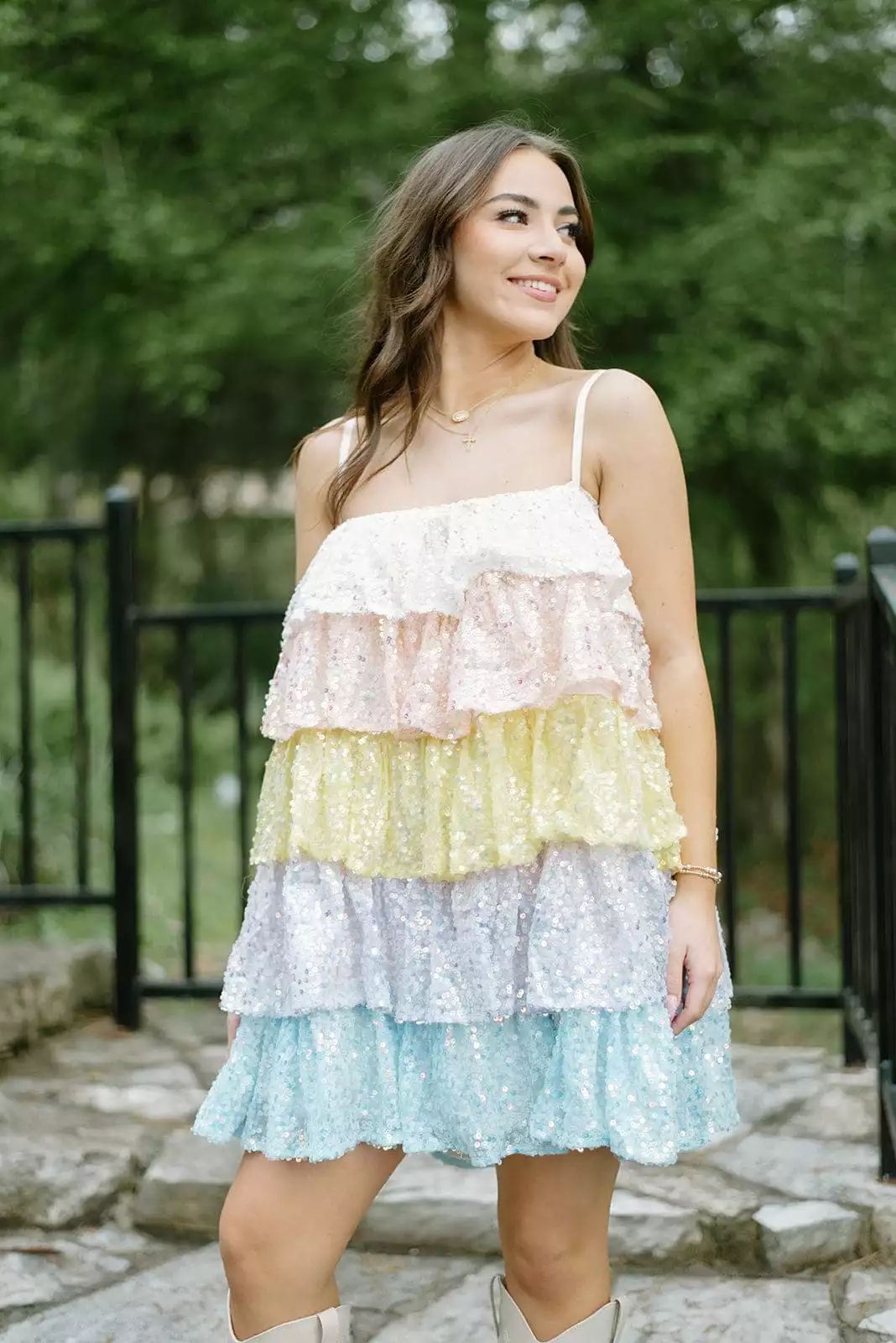 Pastel Sequin Tiered Ruffle Dress