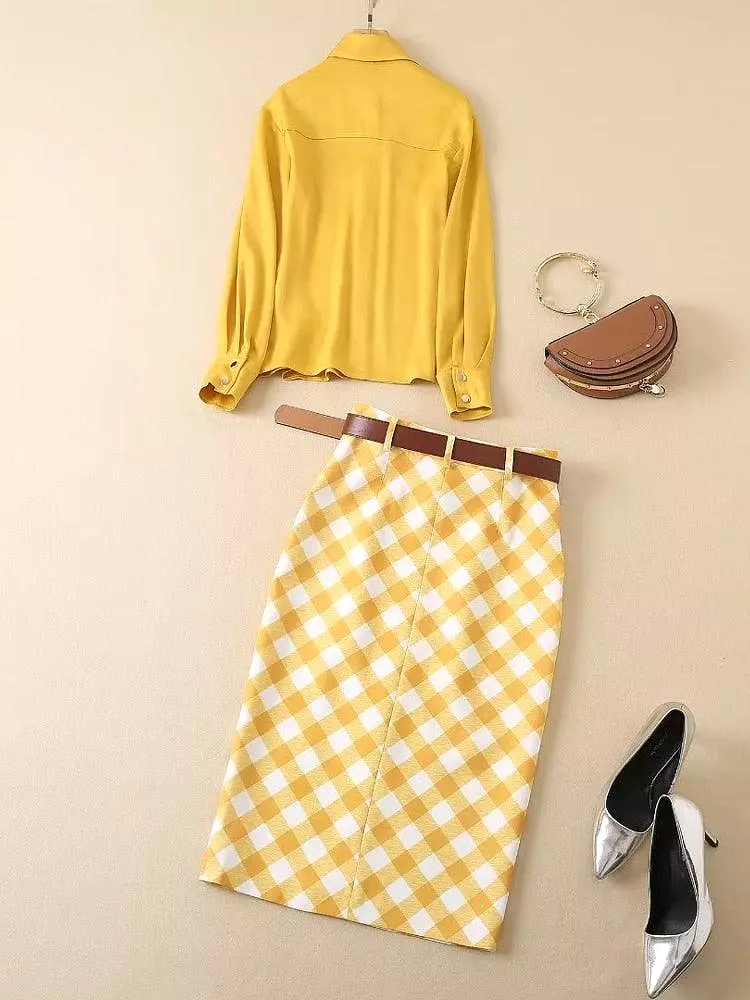 Plaid Skirt Outfit Set - Yellow