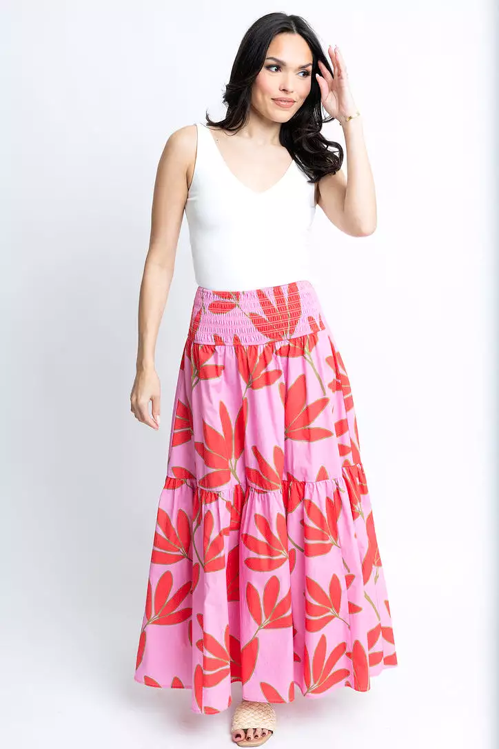 Poplin Palm Floral Smock Waist Skirt