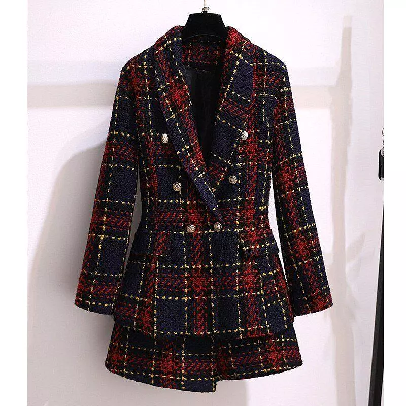 Red Plaid Tweed Skirt Suit