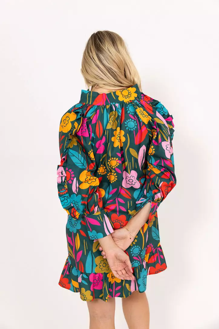 Retro Floral Garden Ruffle Dress