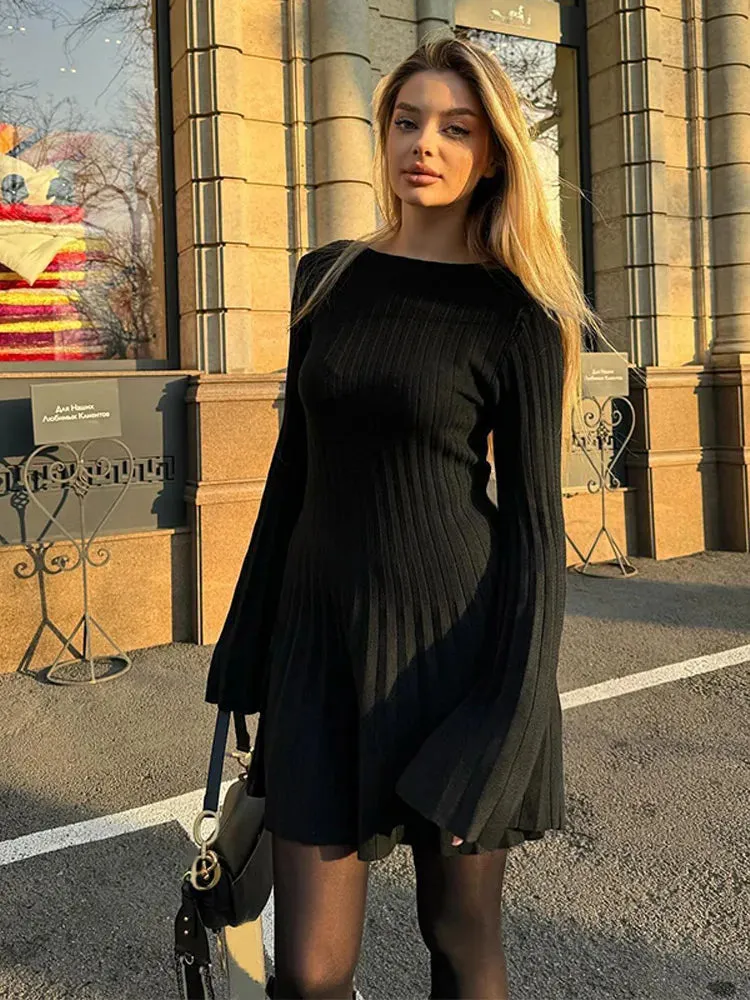 Ribbed Pleated Midi Fashion Knit Dress Women Autumn Long Sleeve High Waist O Neck Dresses