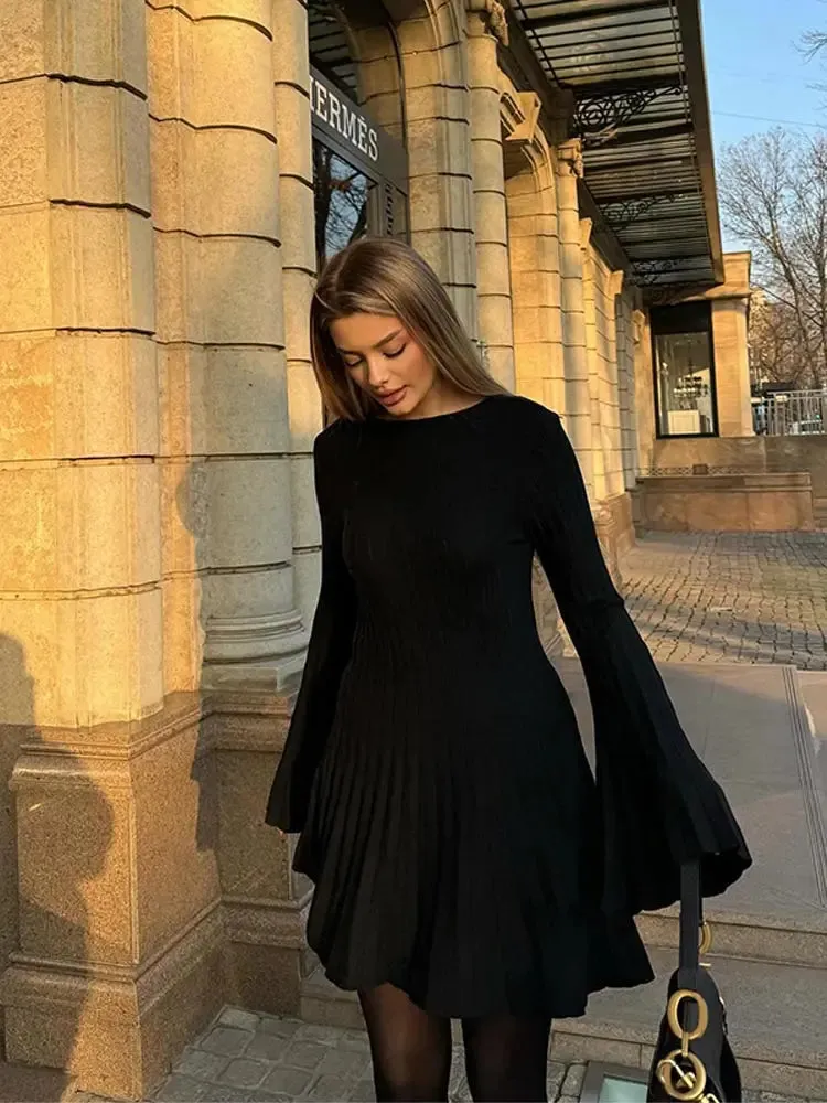 Ribbed Pleated Midi Fashion Knit Dress Women Autumn Long Sleeve High Waist O Neck Dresses