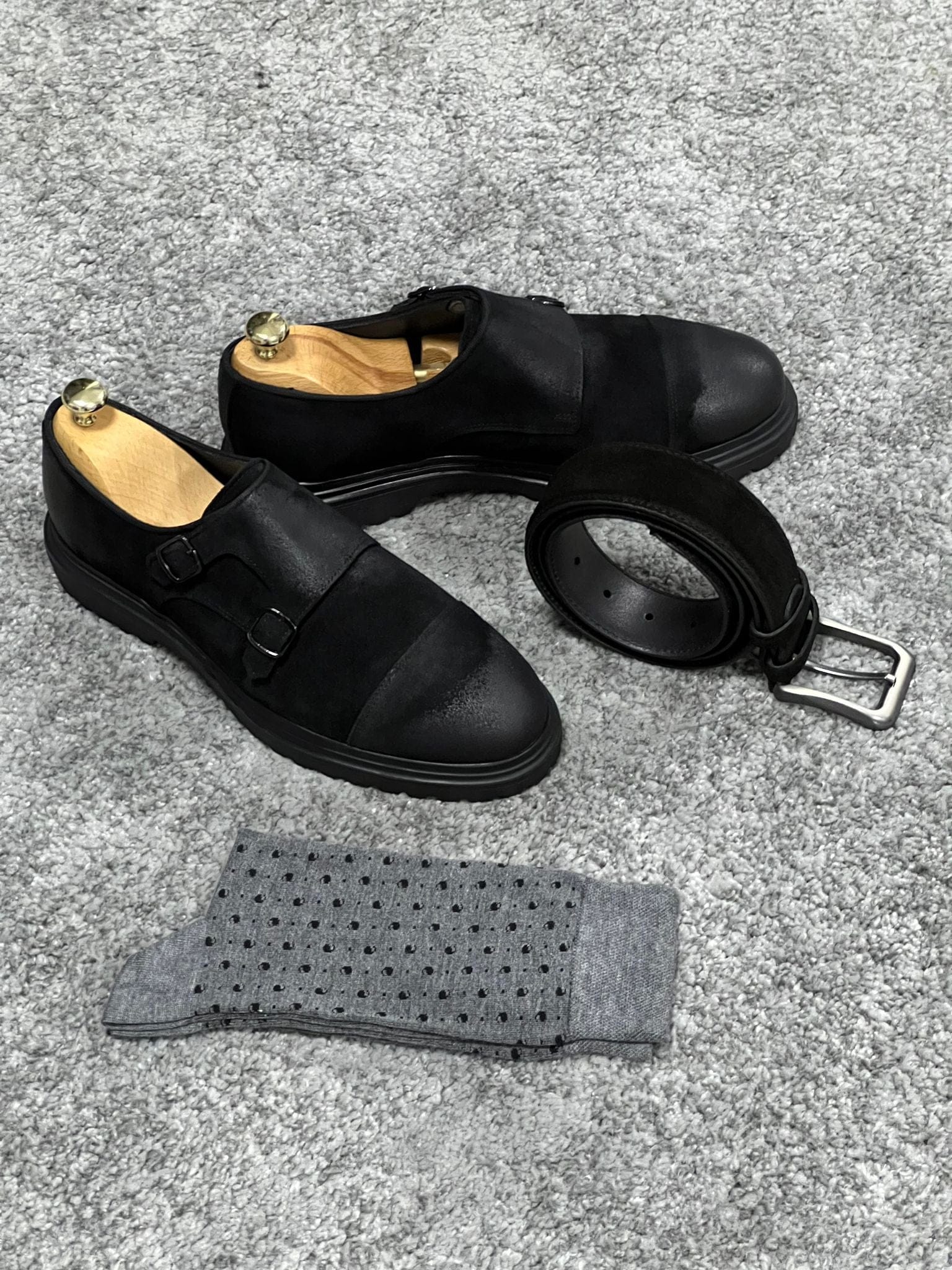 Rubber Sole Double Monk Strap Suede Leather Black Shoes