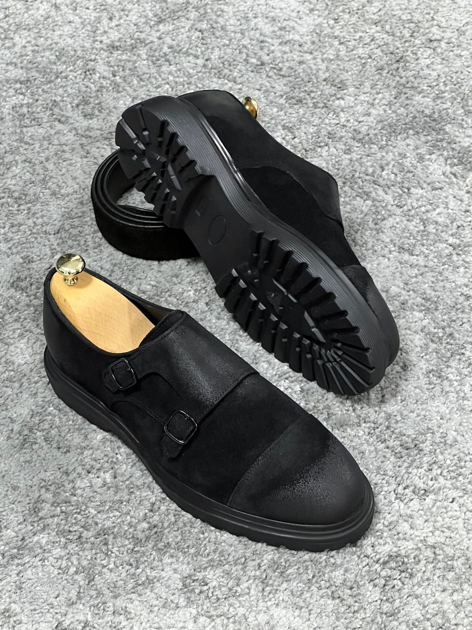 Rubber Sole Double Monk Strap Suede Leather Black Shoes