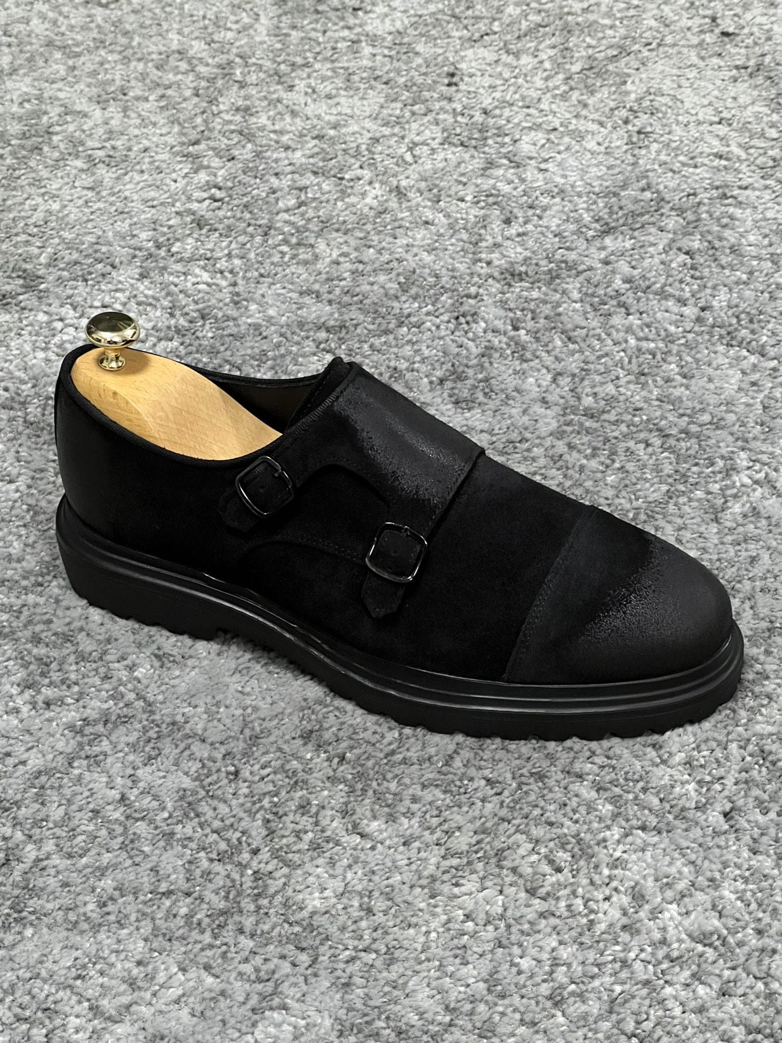 Rubber Sole Double Monk Strap Suede Leather Black Shoes