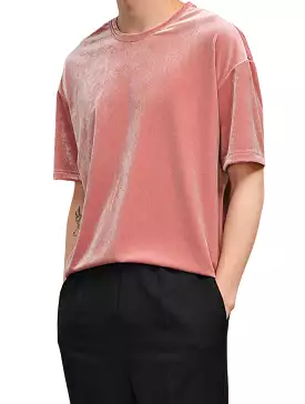 Salmon Pink Velvet Short Sleeved T-Shirts Mens Loose Fit Velour Tees