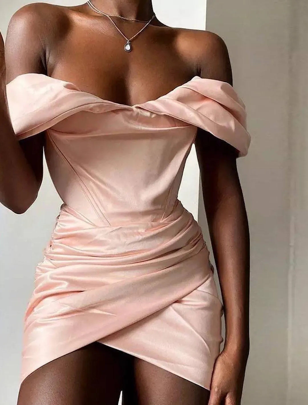 Satin Draped Bodycon Off Shoulder Mini Dress