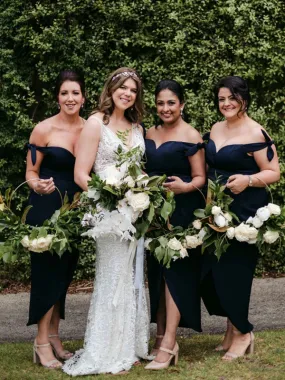 Sexy Off-shoulder Sweetheart High-low Side Slit Satin Bridesmaid Dresses.DB10646