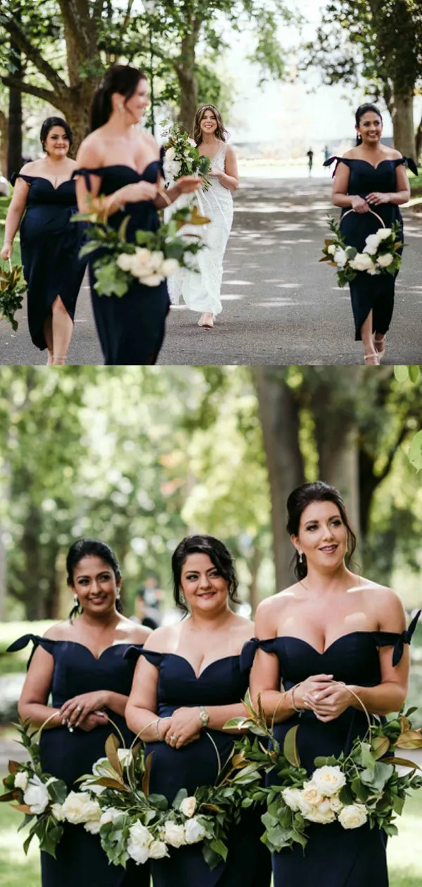 Sexy Off-shoulder Sweetheart High-low Side Slit Satin Bridesmaid Dresses.DB10646