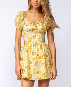 Short sleeve gold floral garden mini dress