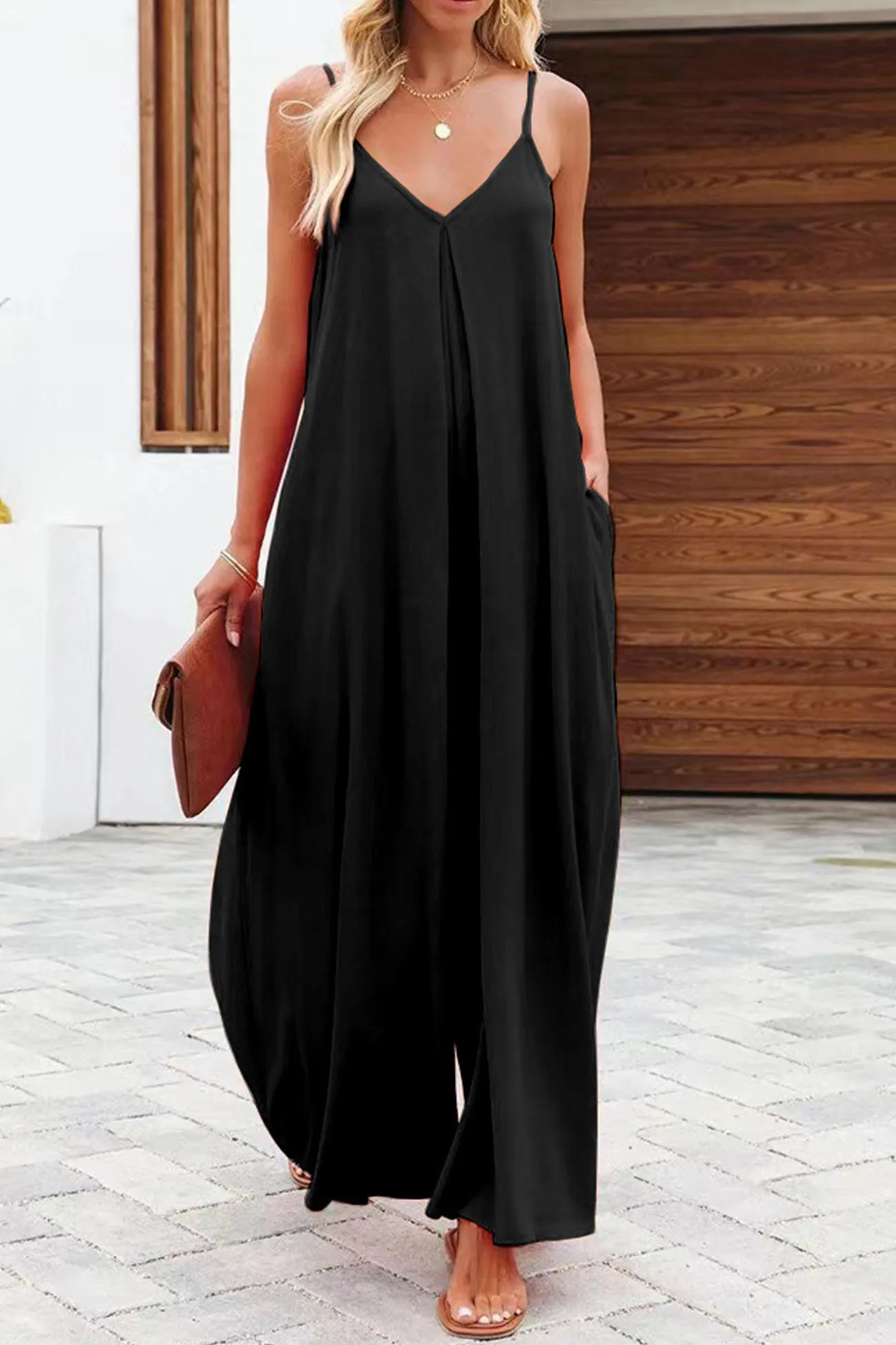 Solid Pocketed Wide Leg Cami Jumpsuits