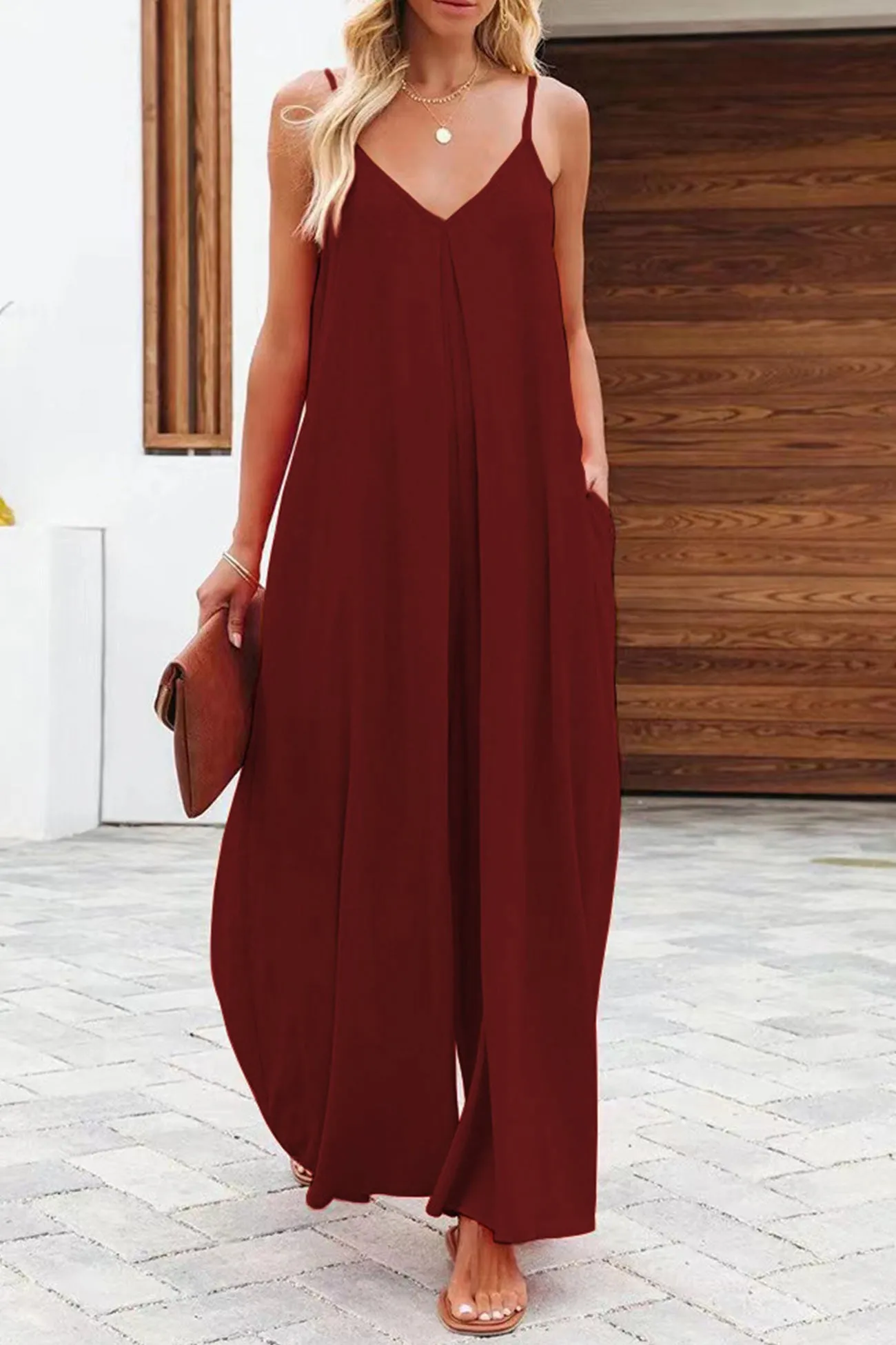 Solid Pocketed Wide Leg Cami Jumpsuits