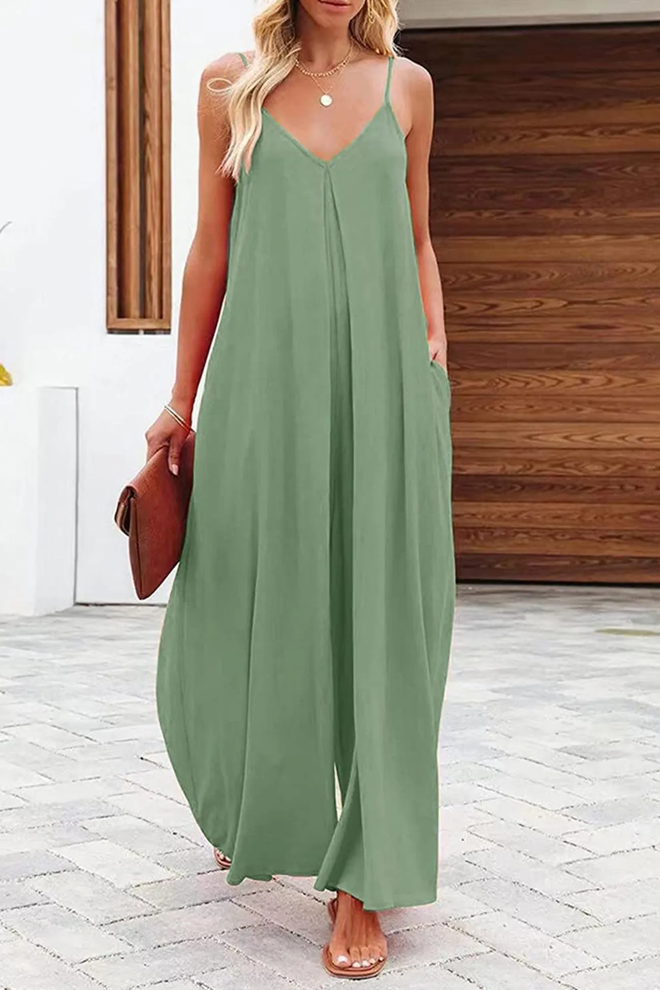 Solid Pocketed Wide Leg Cami Jumpsuits