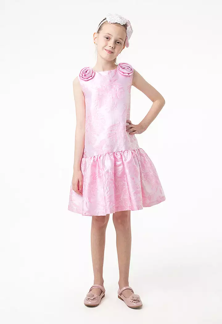 Solid Rose Bud Jacquard Ruffle Dress