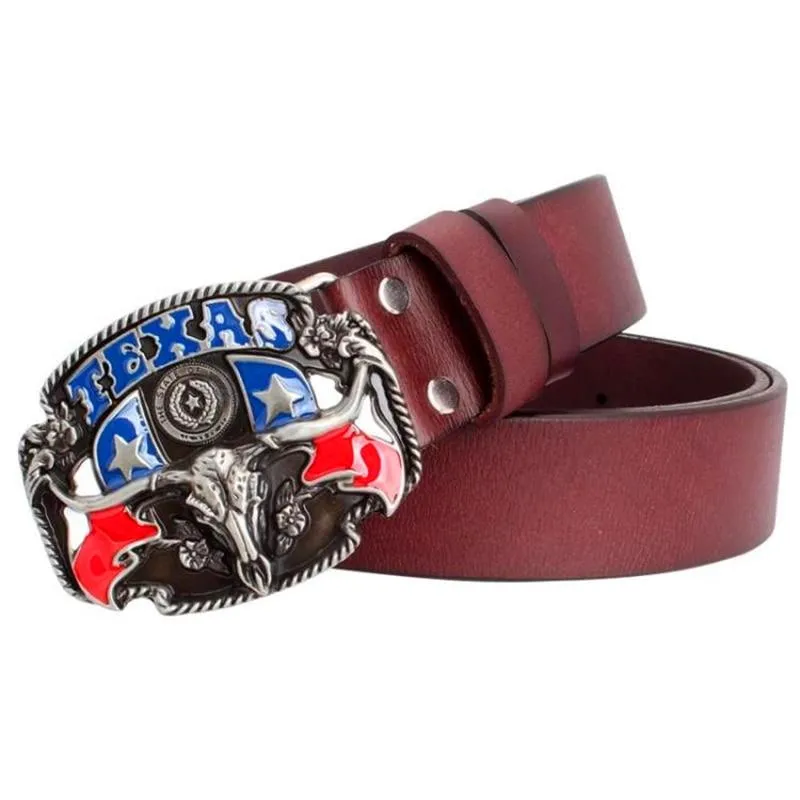 Unisex Genuine Leather Western Cowboy Texas Style Bull Head Skull Belts