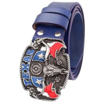 Unisex Genuine Leather Western Cowboy Texas Style Bull Head Skull Belts