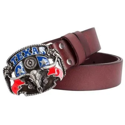 Unisex Genuine Leather Western Cowboy Texas Style Bull Head Skull Belts