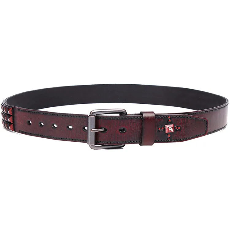 Unisex Handmade Vegetable Tanned Leather Buckle Alloy Rivets Strap Belts